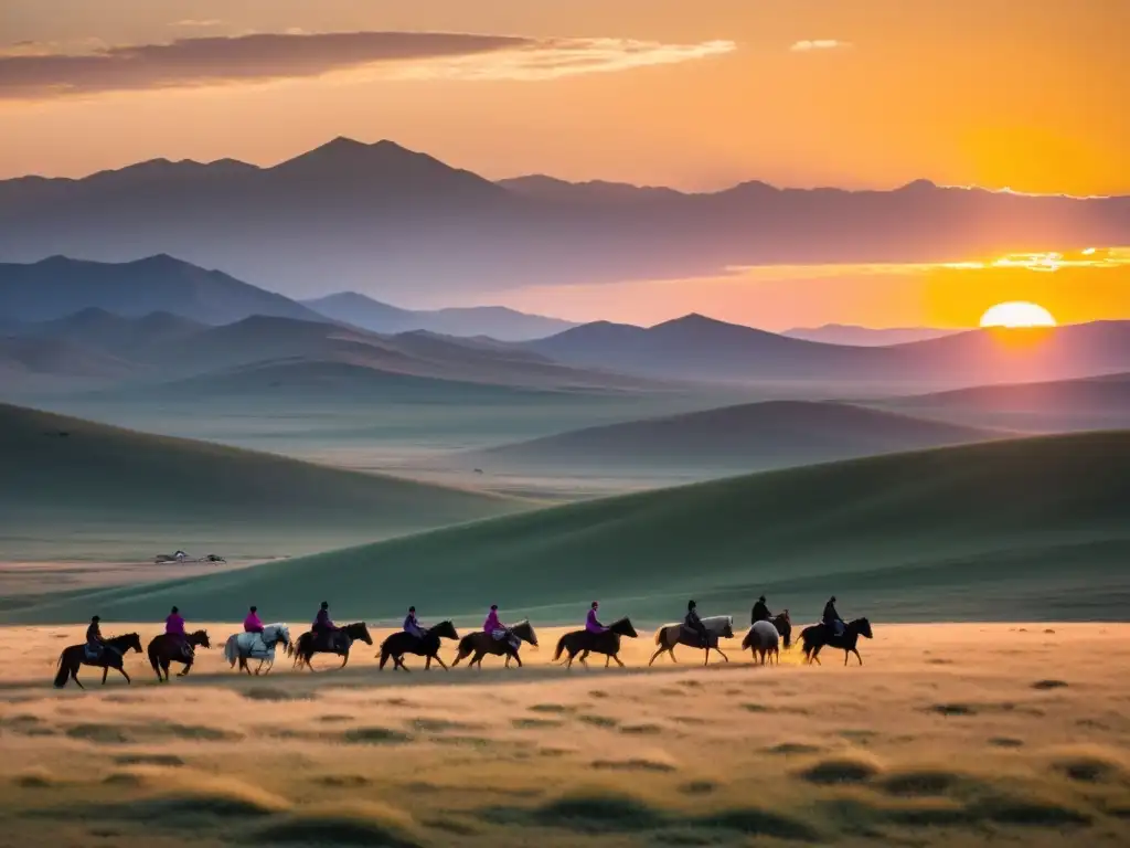 Rutas comerciales menores Imperio Mongol: Paisaje épico de la estepa mongola al atardecer, yurtas nómadas, caballos y jinetes en el horizonte