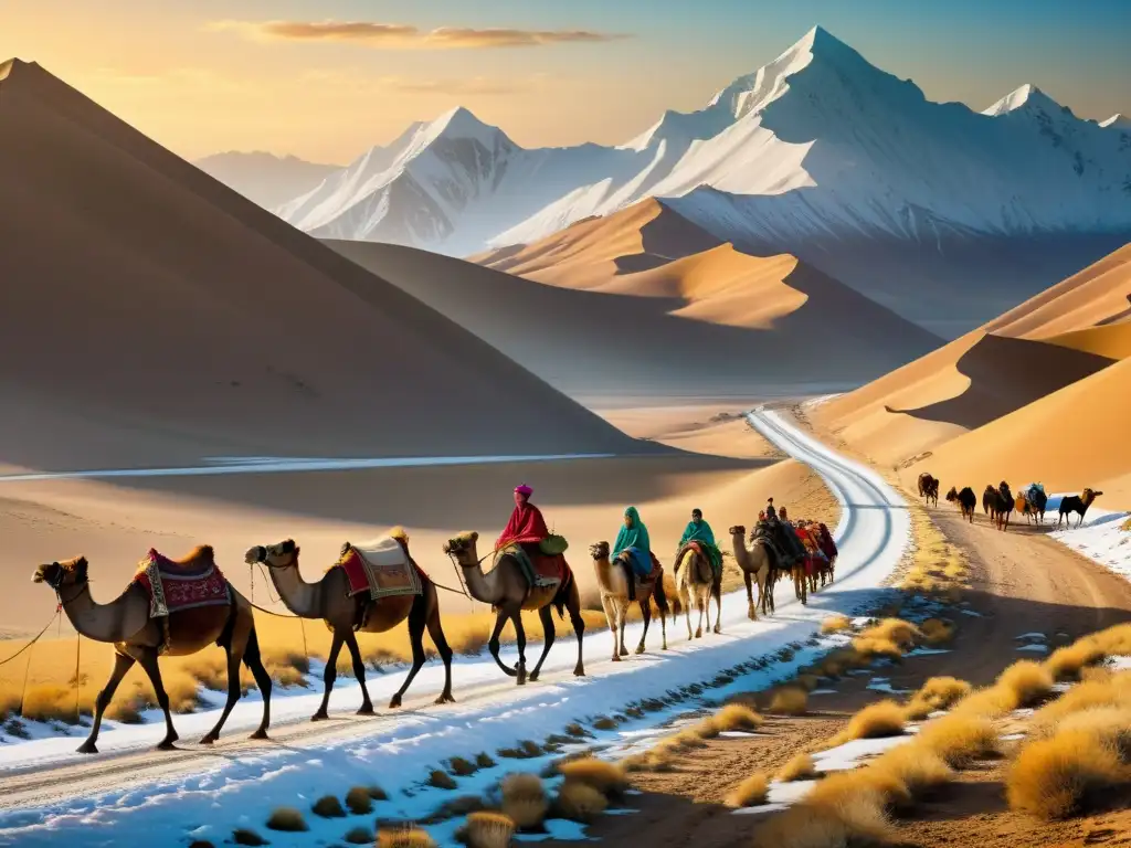 Rutas comerciales menores del Imperio Mongol: Caravanas de camellos recorren la antigua Ruta de la Seda entre montañas nevadas y desiertos infinitos