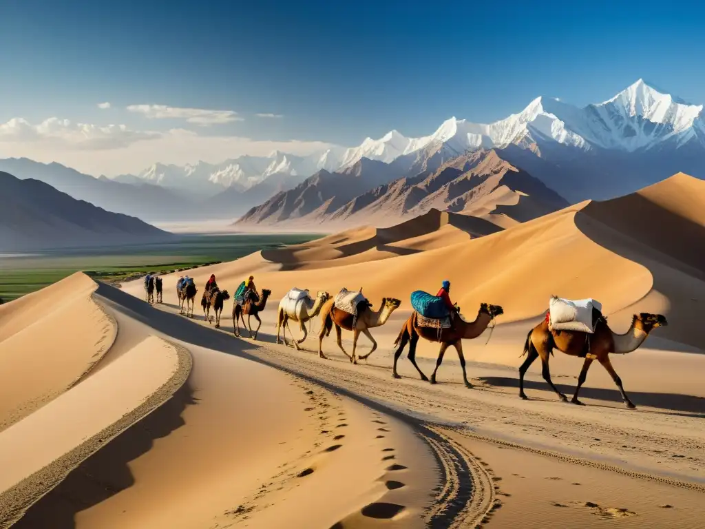 Rutas comerciales mongolas: caravana de camellos recorre el árido paisaje de Asia Central, con las montañas Pamir de fondo