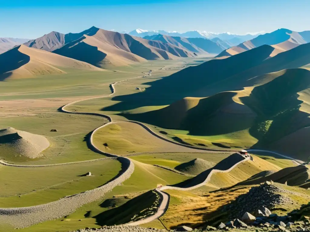 Rutas comerciales secundarias del Imperio Mongol: solitario viajero a caballo en un paso montañoso, con antiguos hitos de piedra y paisaje desolado al atardecer