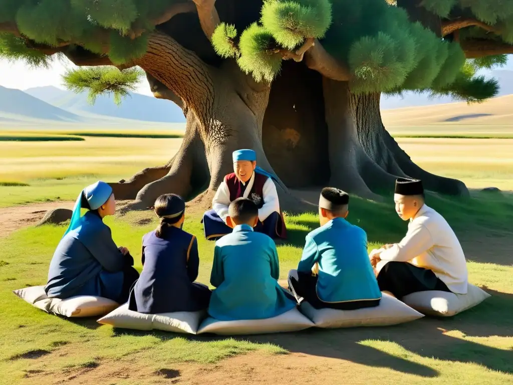 Un sabio anciano enseña a jóvenes estudiantes mongoles bajo un árbol antiguo