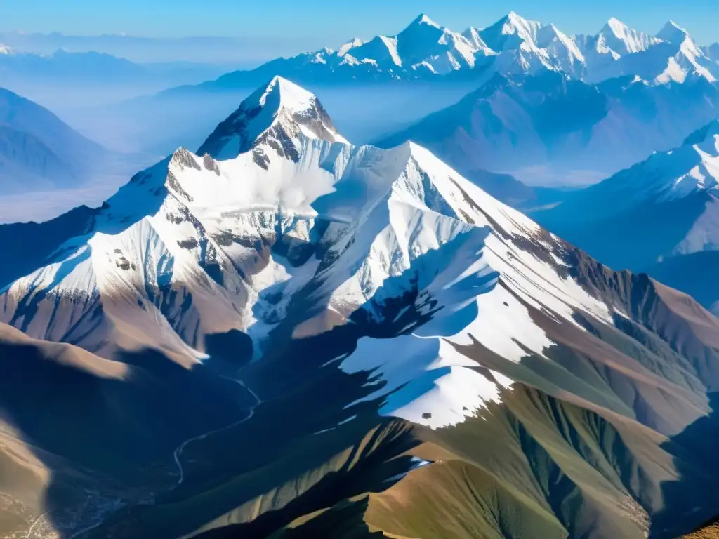 Montaña Sagrada de Genghis Khan: Majestuosa vista aérea de Burkhan Khaldun, con picos nevados resplandeciendo bajo la luz solar