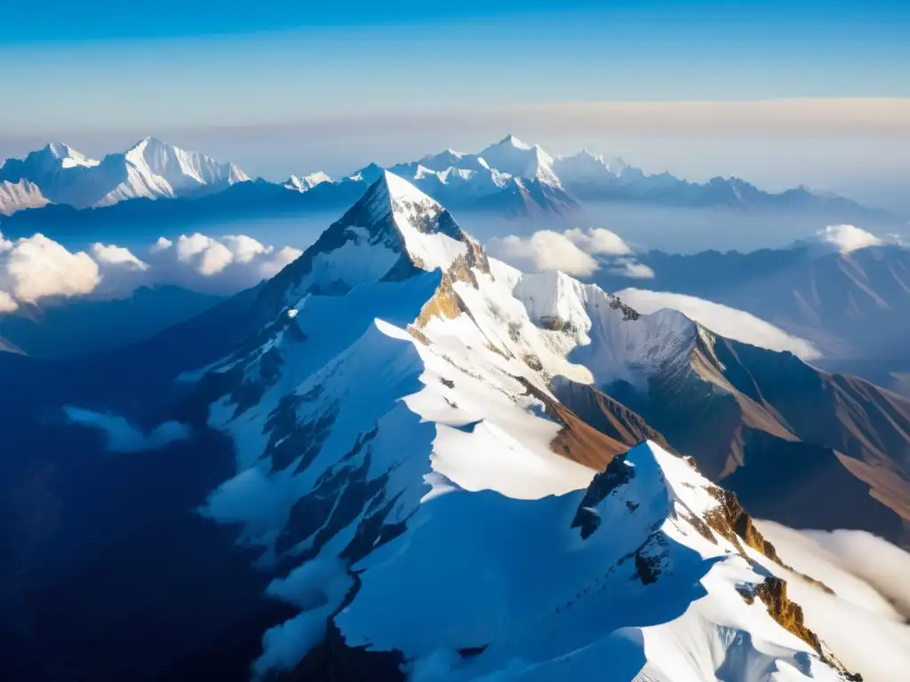 Montaña Sagrada de Genghis Khan: Majestuosas cumbres nevadas se elevan sobre un mar de nubes, bañadas por la cálida luz dorada del sol