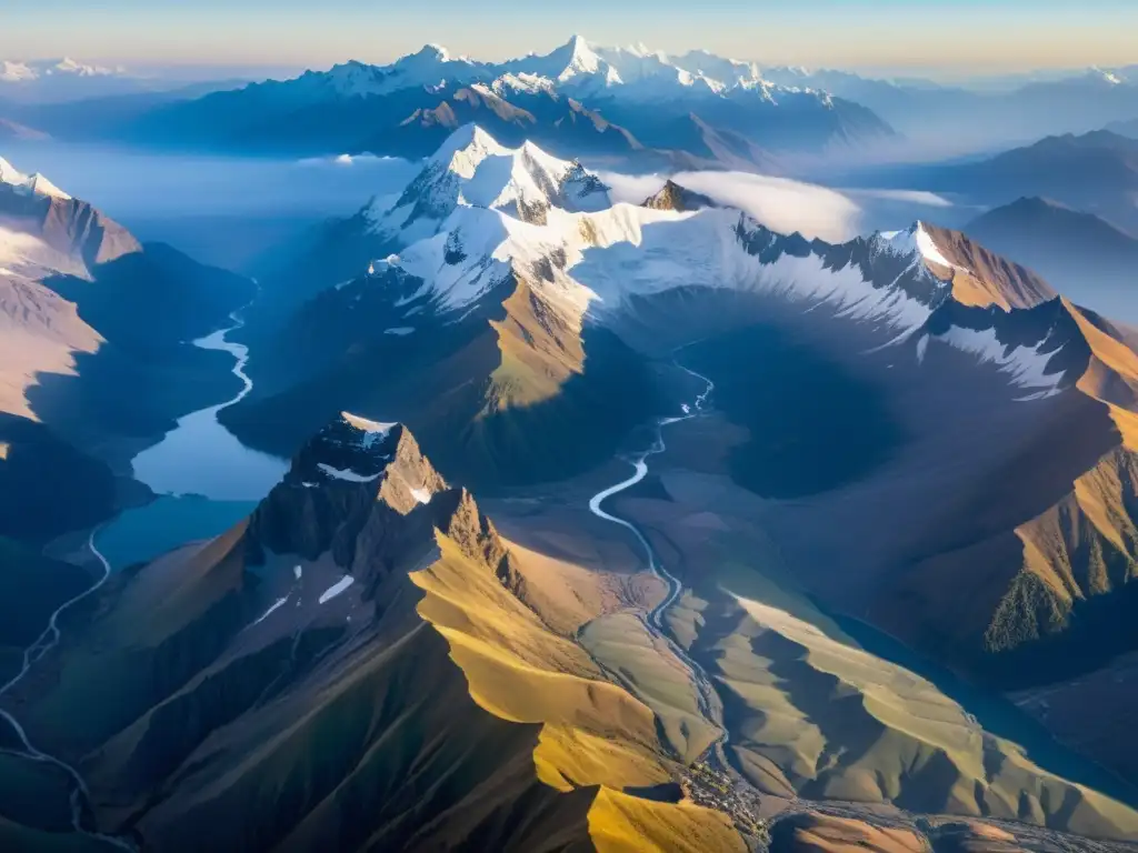 Montaña Sagrada de Genghis Khan: Picos nevados bañados por la luz dorada del amanecer, creando un paisaje impresionante de contrastes de luz y sombra