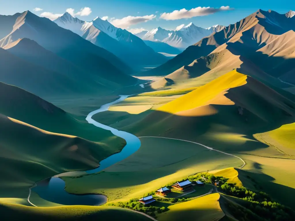 Una fotografía 8k de las sagradas montañas de Mongolia captura la grandeza del paisaje con valles, picos nevados y flora vibrante