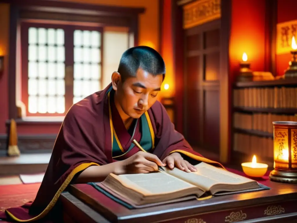 Sakya Pandita reflexiona en su estudio tibetano, rodeado de antiguos textos