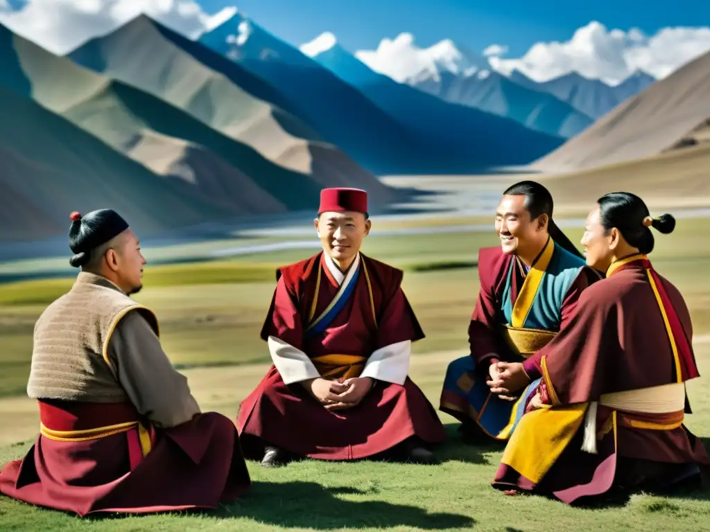Encuentro histórico: Sakya Pandita y líderes mongoles en el Tíbet Sakya Pandita y líderes mongoles se reúnen en el paisaje tibetano, reflejando el contacto entre Imperio Mongol y Tíbet