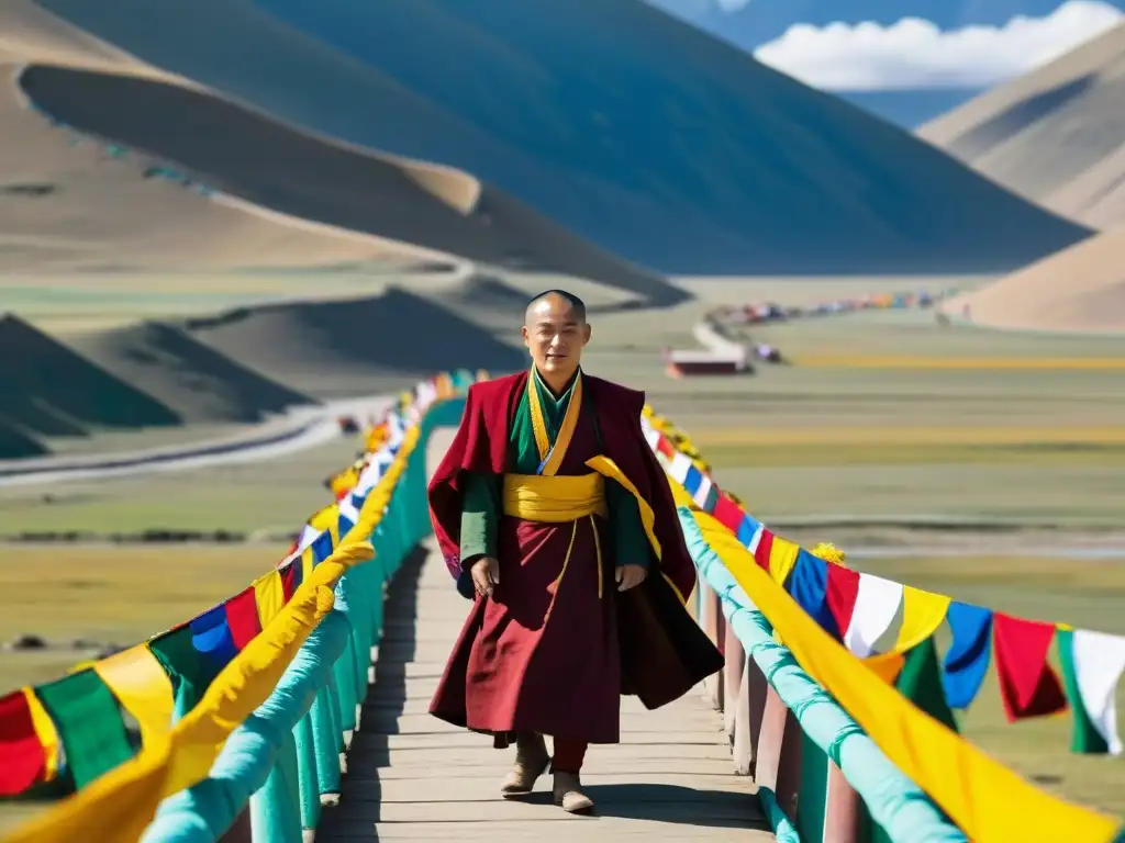 Sakya Pandita en puente espiritual Mongol, unión entre Tibet y el Imperio, con vasta estepa al fondo y coloridas banderas de oración