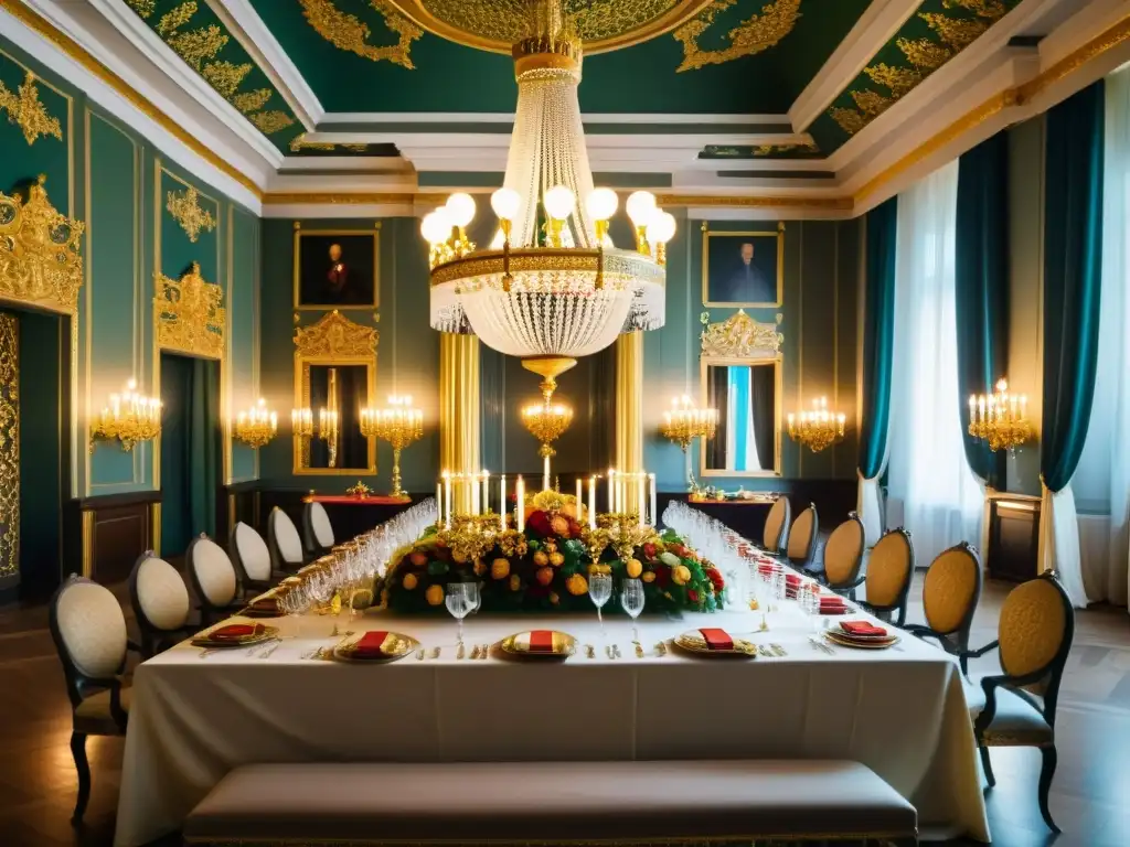 Salón de un noble ruso durante la dominación mongola: opulencia, elegancia y festín en un palacio iluminado por la cálida luz dorada del atardecer