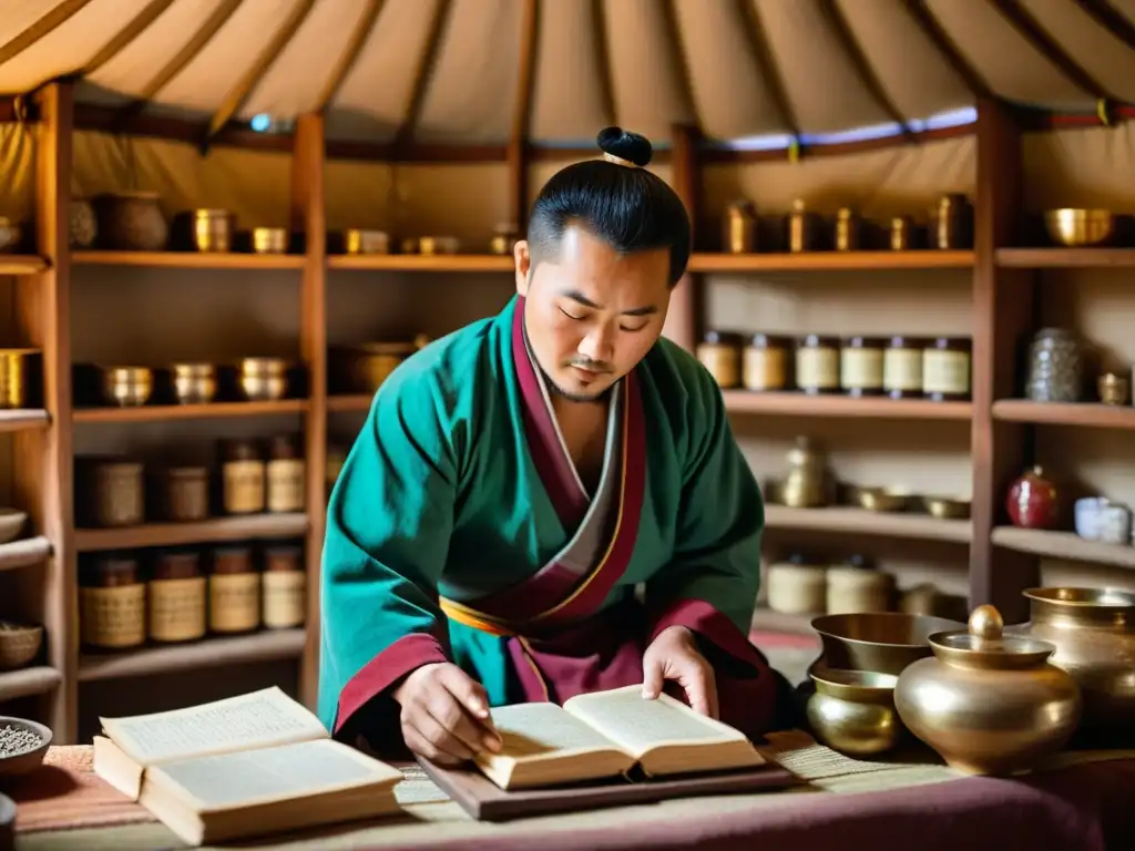 Un sanador de medicina tradicional mongola prepara una poción herbal en una yurta iluminada por una tenue luz, rodeado de estantes con hierbas secas y textos médicos antiguos