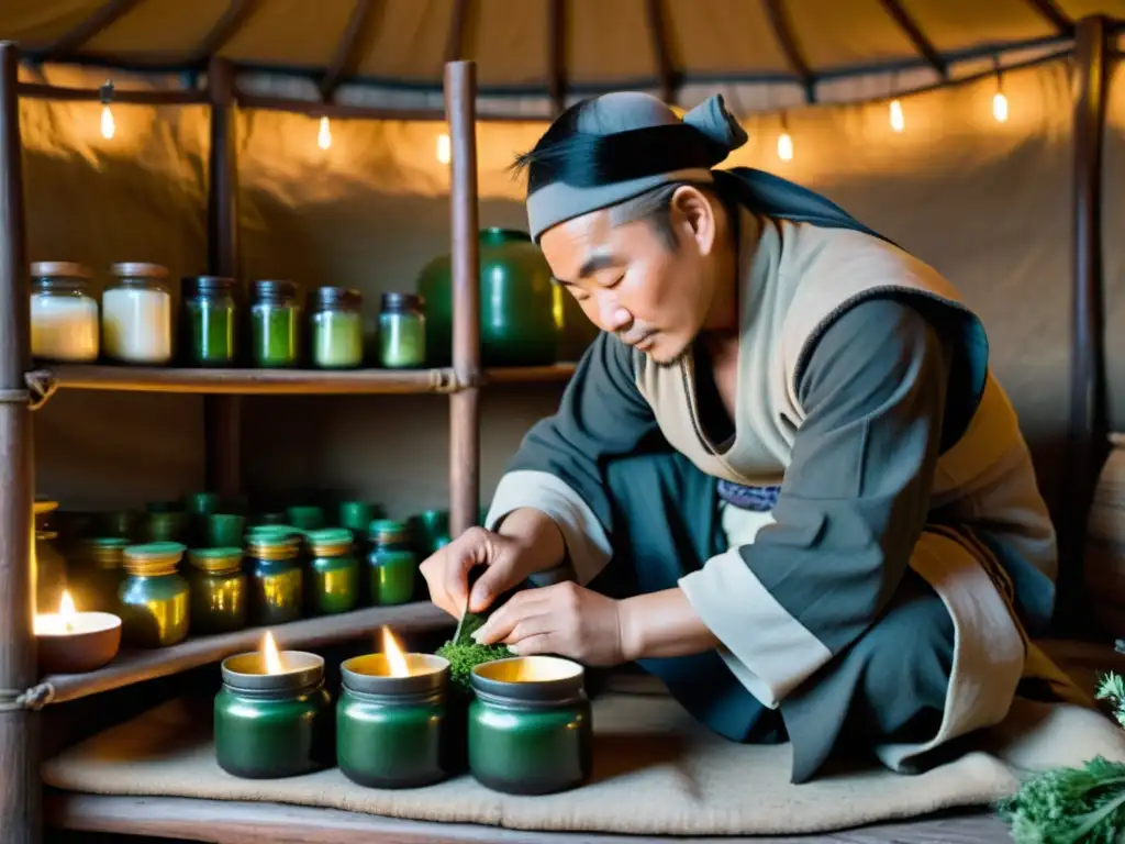 Un sanador nómada mongol prepara una remedio herbal en una yurta rústica y tenue