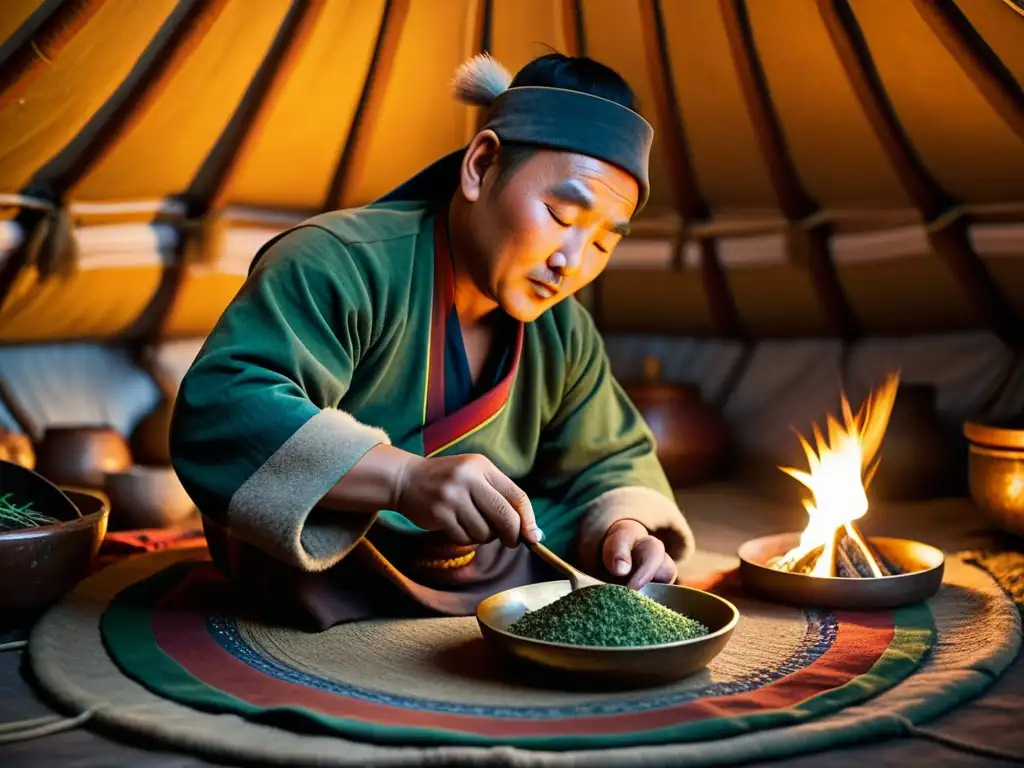 Un sanador tradicional mongol prepara hierbas medicinales en una yurta iluminada por el suave resplandor de una pequeña fogata