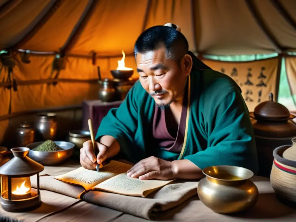 Un sanador tradicional mongol prepara medicina herbal en una yurta, iluminado por una lámpara de aceite