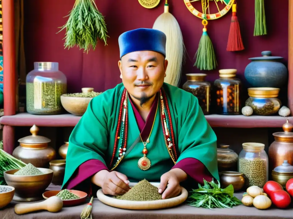 Un sanador tradicional mongol atiende a un paciente en un bullicioso mercado, rodeado de hierbas y herramientas