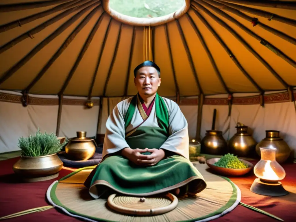 Un sanador tradicional mongol crea remedios herbales en una yurta, revelando la medicina en el Imperio Mongol