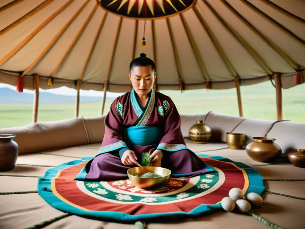 Un sanador tradicional mongol realiza un ritual curativo en una yurta, rodeado de hierbas y herramientas de la medicina tradicional mongola