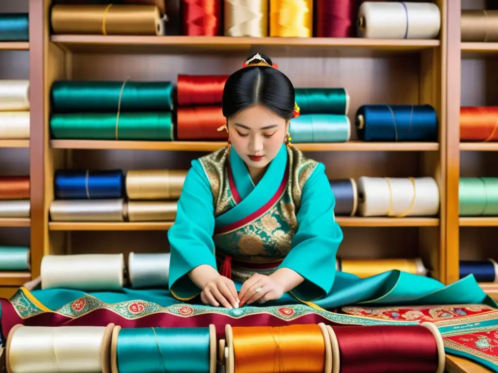 Un sastre mongol tradicional borda con cuidado telas vibrantes, rodeado de rollos de tela, carretes de hilo y prendas mongolas adornadas con bordados