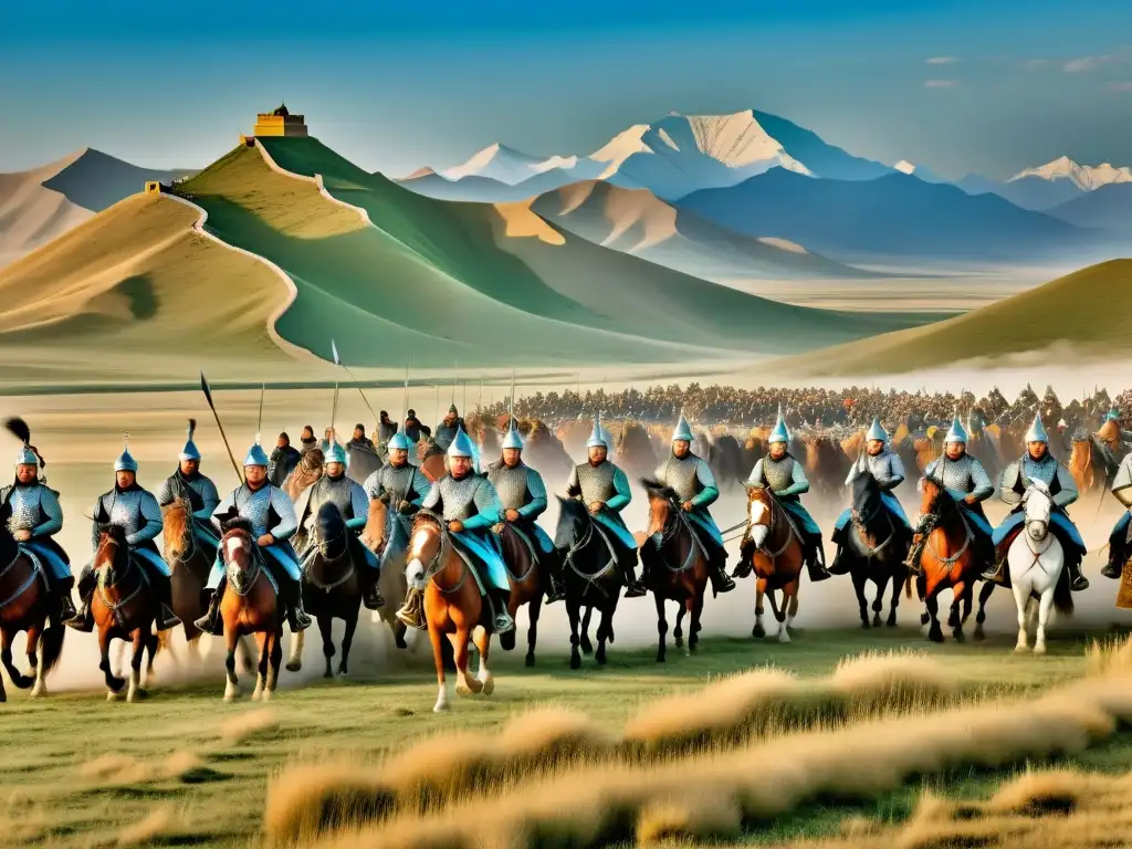 Secretos fundación Imperio Mongol invencible: Imagen detallada del apogeo del Imperio Mongol, con el poderoso ejército a caballo conquistando nuevos territorios en la icónica estepa