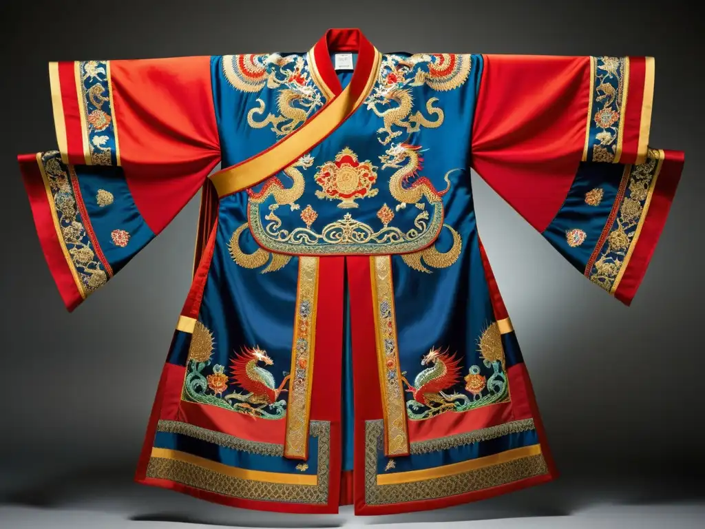 Robe de seda bordada con dragones y fénix en rojo, oro y azul