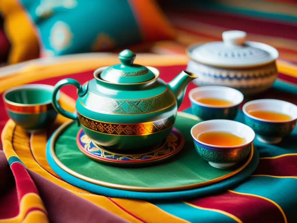 Un set de té mongol tradicional auténtico con una hermosa tetera decorada con patrones vibrantes, rodeada de tazones con hojas de té fragante y delicado vapor, todo sobre una tela ricamente decorada, con una yurta mongola de fondo