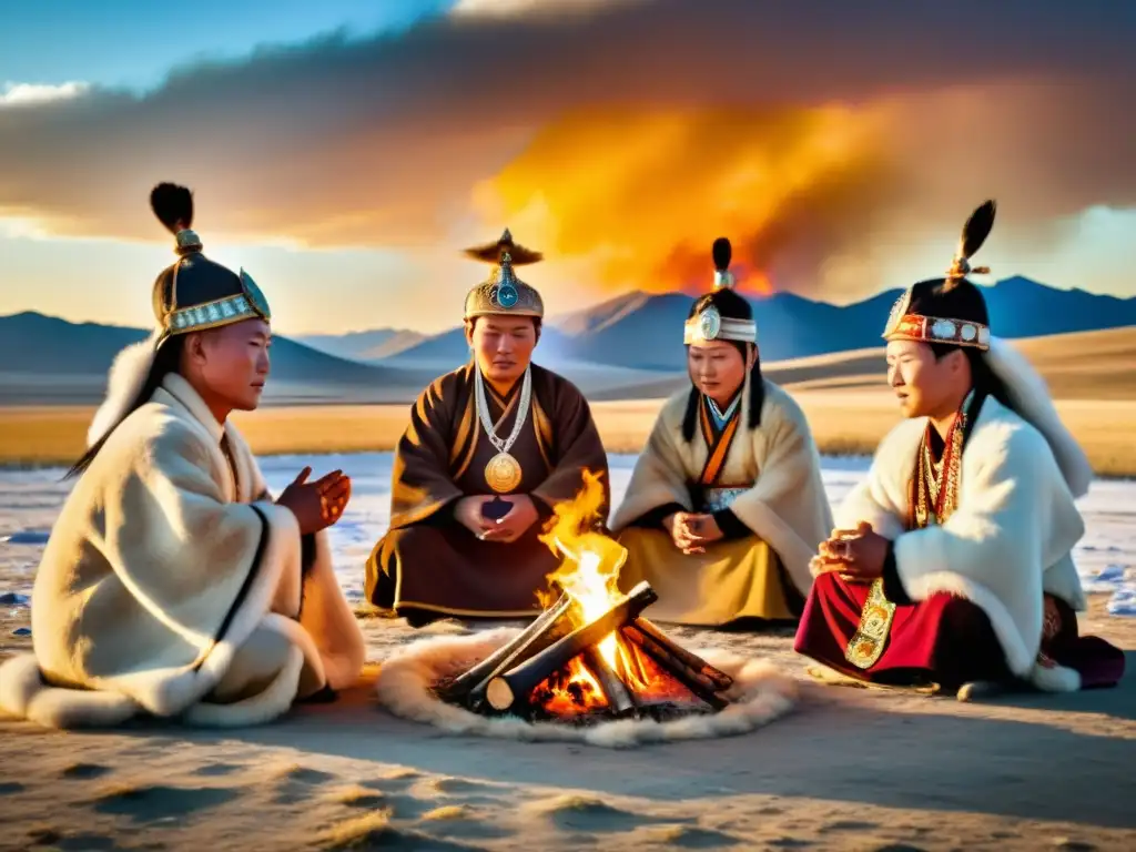 Shamans mongoles realizando un ritual alrededor de un fuego sagrado en la estepa mongola