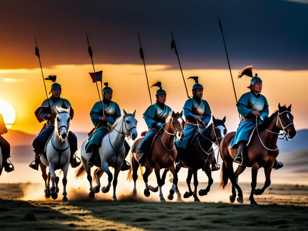 Silueta dramática de un vasto ejército mongol a caballo en la estepa, con el sol poniéndose y largas sombras