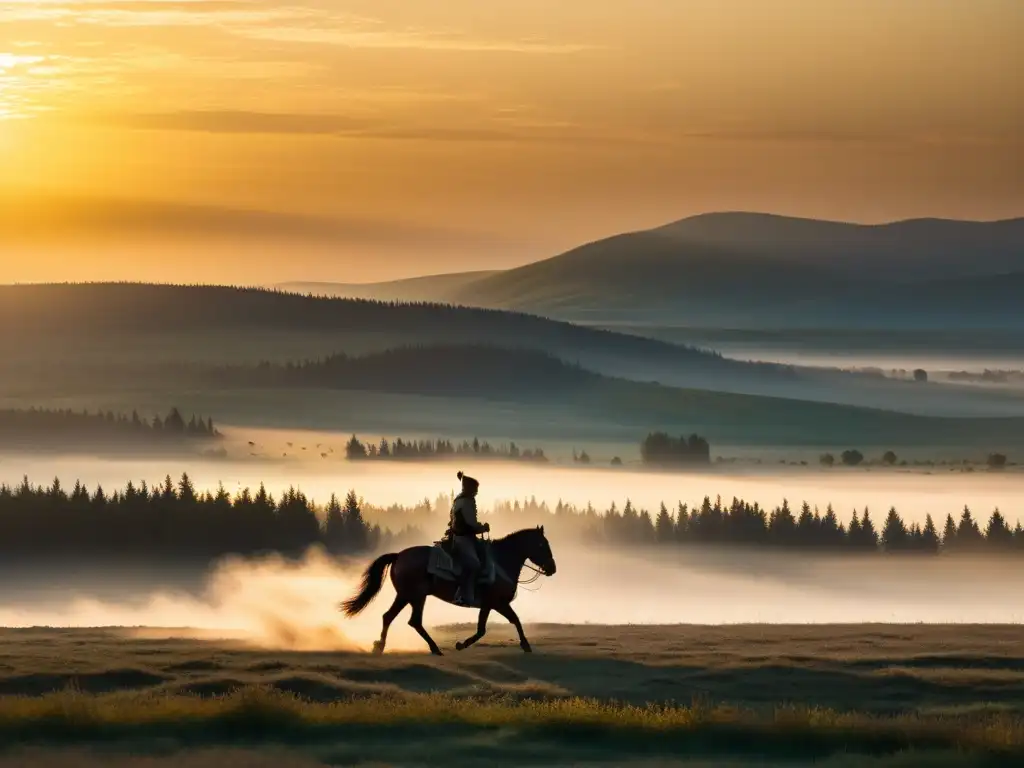 Silueta de guerrero mongol a caballo en la campiña rusa al amanecer, con influencia del Imperio Mongol en Rusia