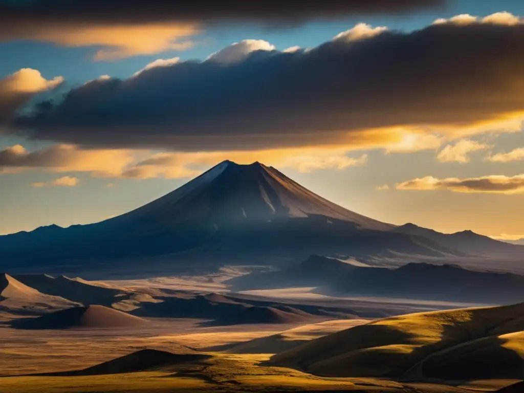 Silueta majestuosa del volcán extinto Khorgo Mongol, bañado por la cálida luz del atardecer