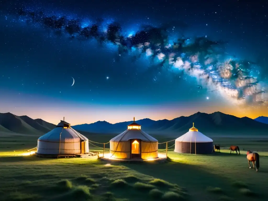 Silueta de yurtas tradicionales y caballos pastando bajo el cielo nocturno de Mongolia, con la Vía Láctea en alta resolución