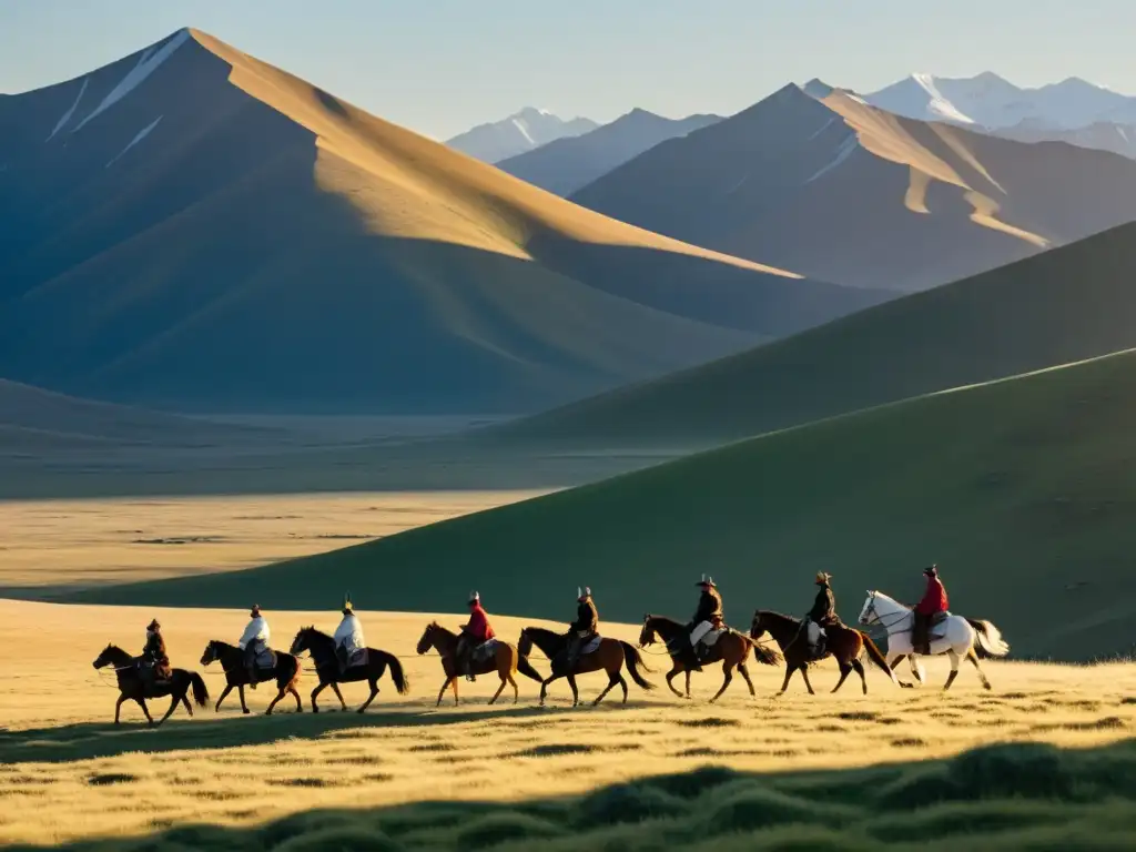 Siluetas de jinetes en trajes mongoles recorren las estepas, con los imponentes montes Altai al fondo