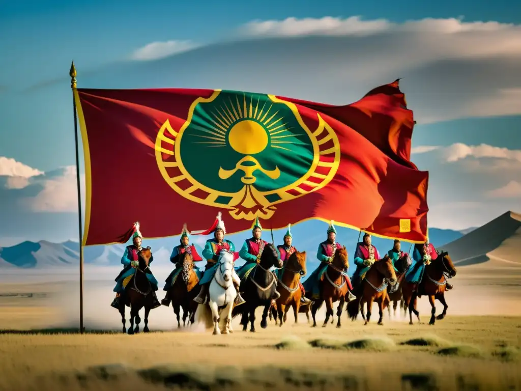 Símbolos de poder en Mongolia: estandarte real desplegado en la vasta estepa, rodeado de guerreros mongoles a caballo