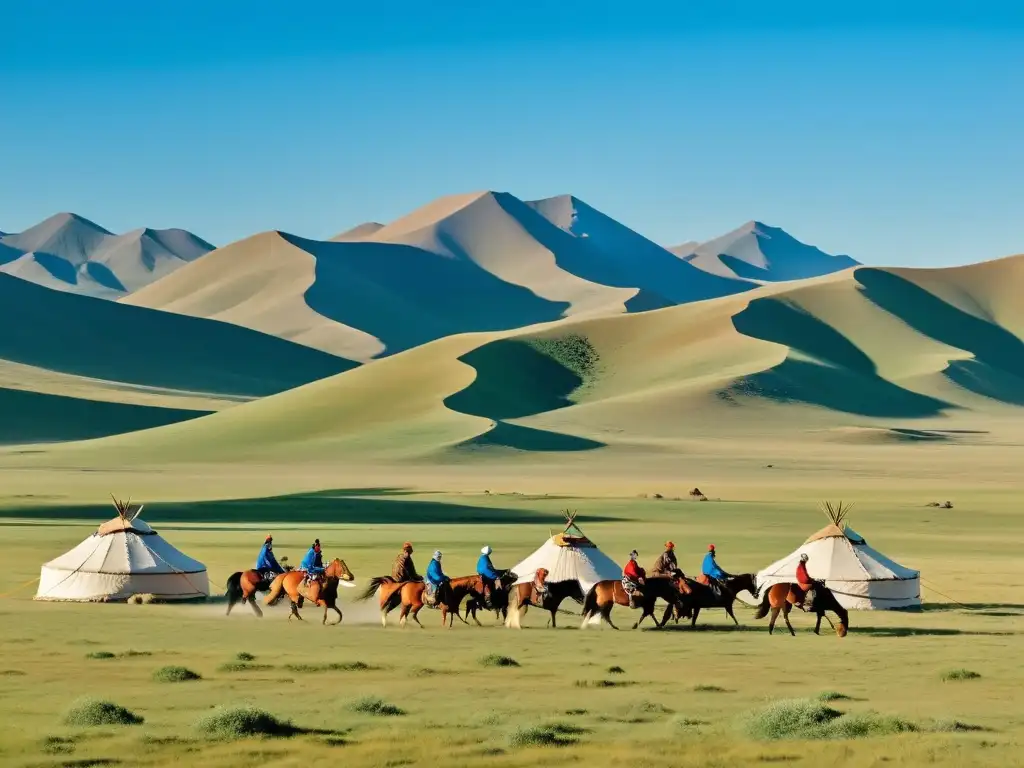 Sistema de mensajería en el Imperio Mongol: Paisaje de las extensas estepas de Mongolia con mensajeros a caballo y yurtas dispersas