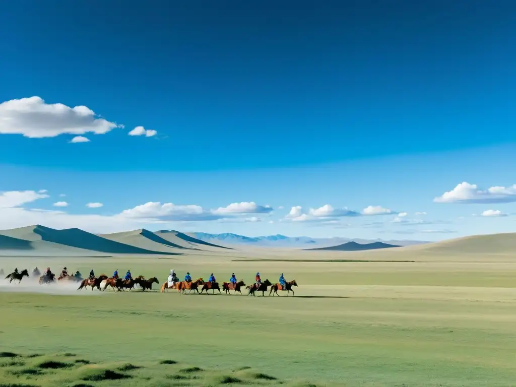 Sistema de mensajería en el Imperio Mongol: Mensajeros a caballo cruzan la vasta estepa mongola, entre yurtas y asentamientos nómadas