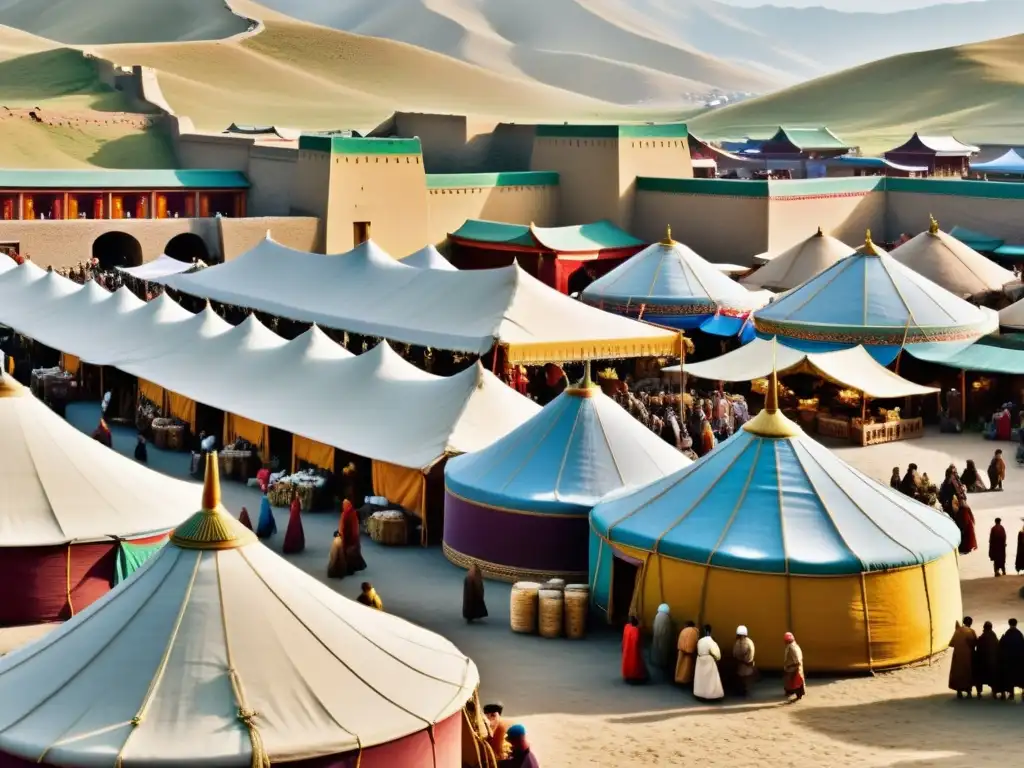 Interacción de sistemas legales en el bullicioso mercado del Imperio Mongol, con variados bienes y vibrante intercambio cultural