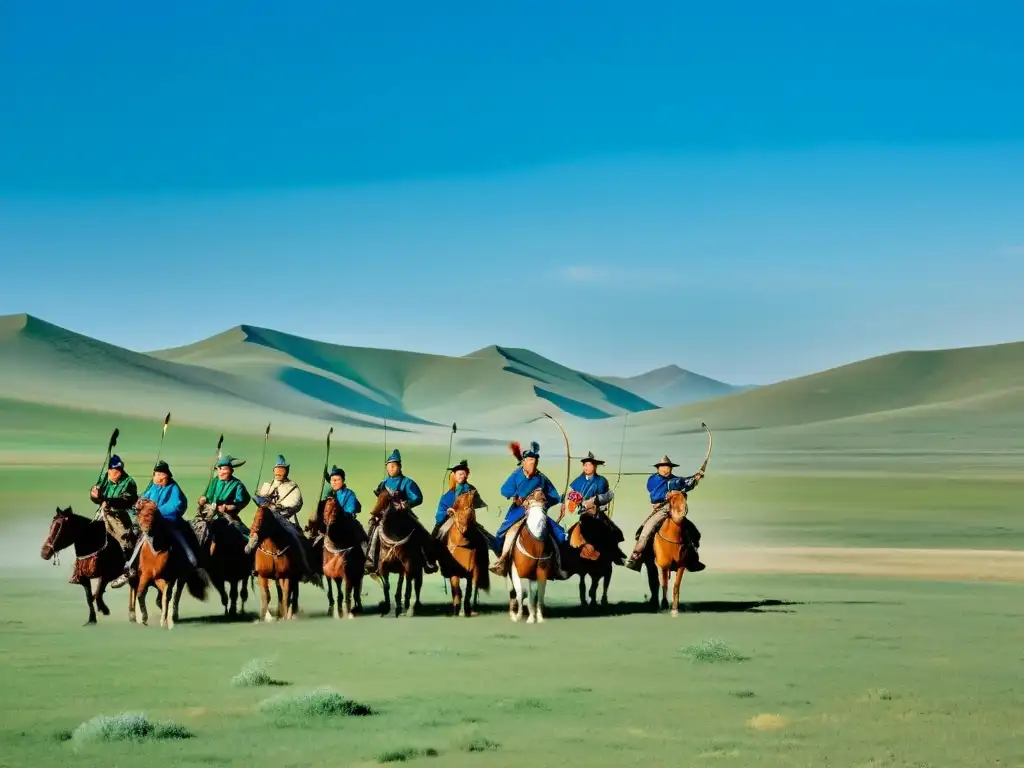 Skilled archers on horseback practicing traditional Mongolian mounted archery tactics amidst the vast steppe landscape