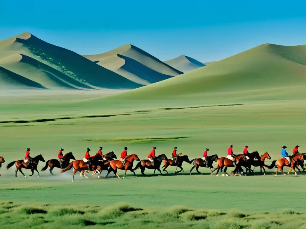 Skilled Mongolian horsemen taming wild horses in the vast steppe of Mongolia