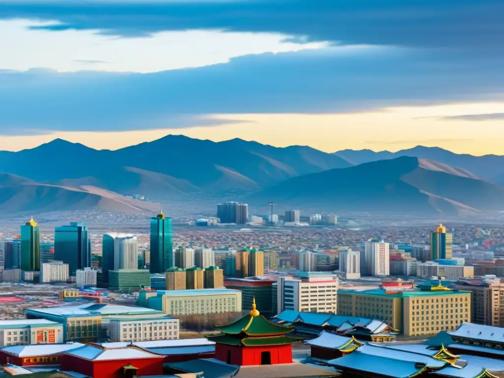 Skyline moderno de Ulaanbaatar, Mongolia, fusionando arquitectura tradicional y rascacielos