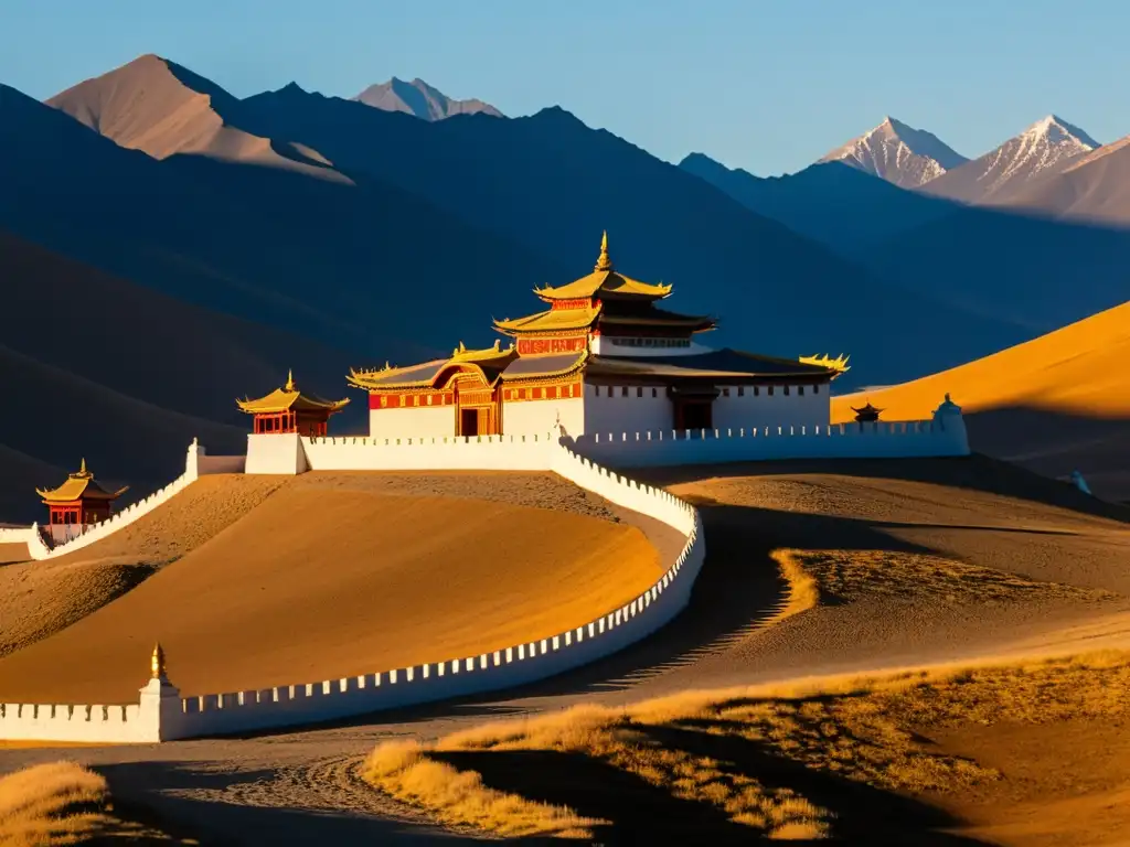 El sol se pone detrás de un antiguo monasterio budista en Mongolia