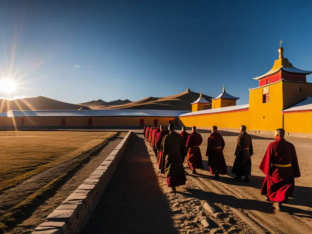 El sol se pone detrás del majestuoso Monasterio de Erdene Zuu en Kharkhorin, Mongolia, reflejando la práctica del budismo tibetano en Mongolia