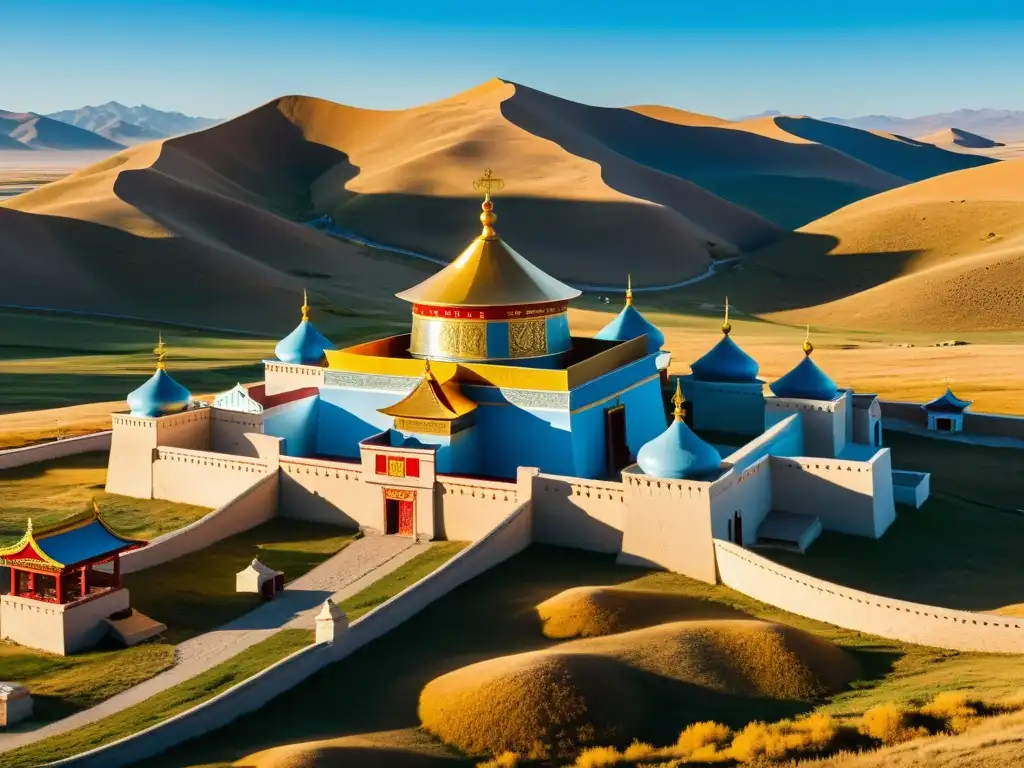 Monasterio Erdene Zuu en Kharkhorin, Mongolia: Imagen 8k cautivadora El sol ilumina el Monasterio de Erdene Zuu en Kharkhorin, Mongolia, resaltando su arquitectura e diseño budista