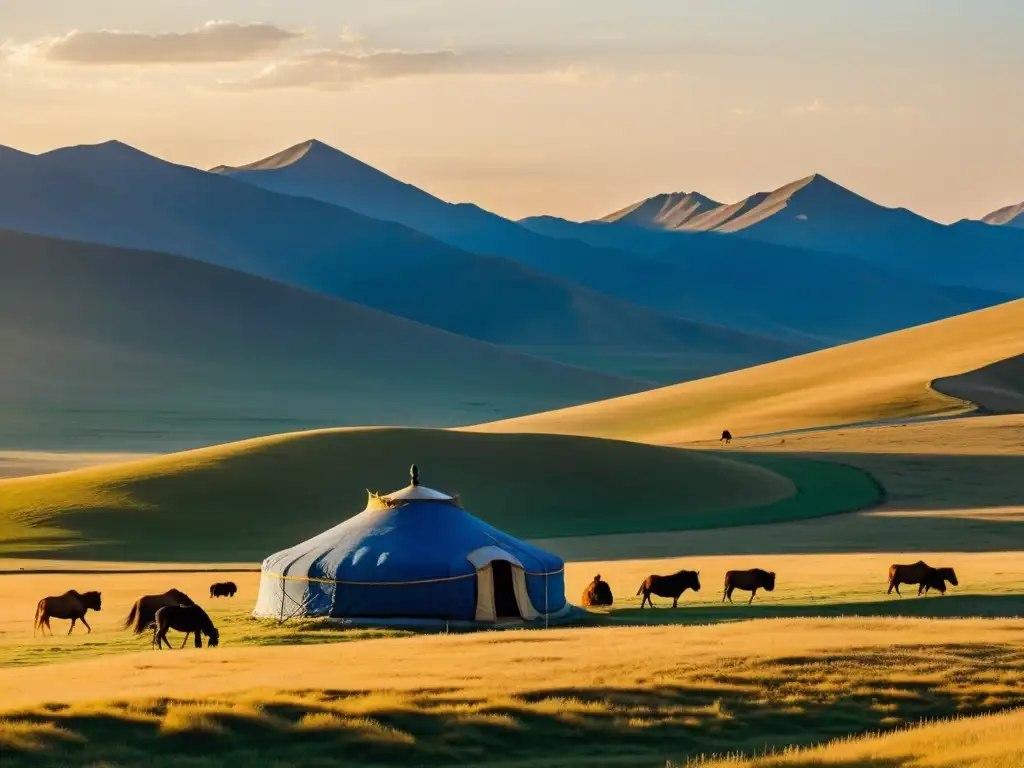 El sol poniente ilumina las estepas mongoles con la estatua de Genghis Khan al fondo