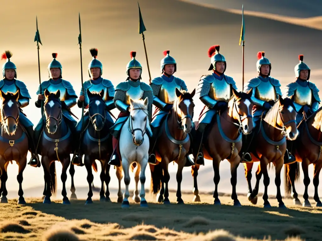 Soldados de caballería mongola en formación estratégica en las vastas estepas, listos para la batalla al atardecer