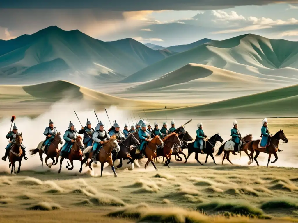 Soldados mongolas en combate en un campo histórico, mostrando tácticas de guerra mongolas en un paisaje dramático