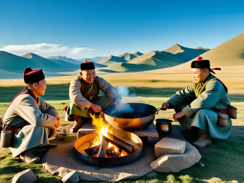 Soldados mongoles cocinan una comida tradicional alrededor de una fogata en el paisaje mongol, creando un ambiente cálido de camaradería