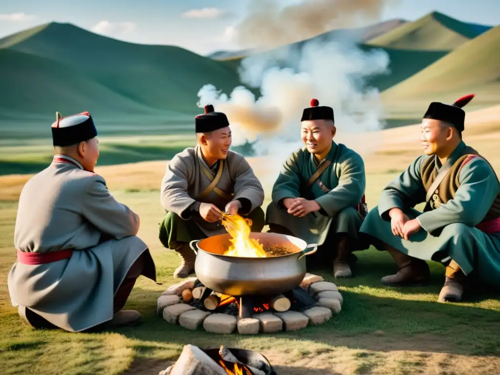 Soldados mongoles cocinan una comida tradicional alrededor de una fogata, en medio de su vasto paisaje