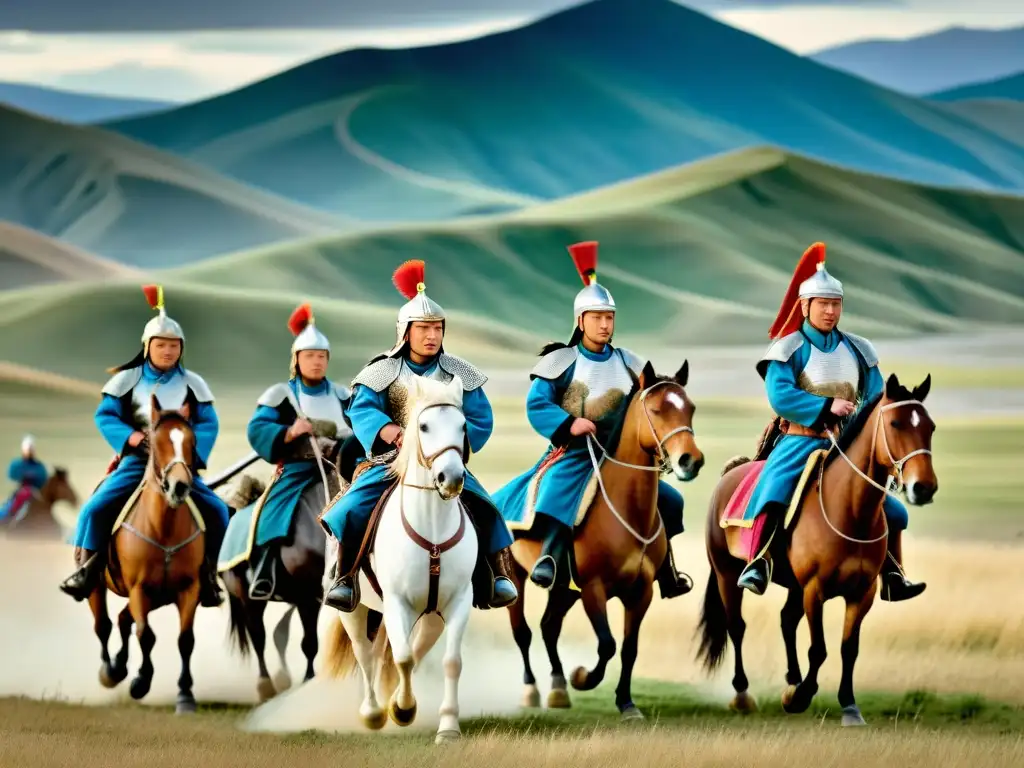 Soldados mongoles practicando integración táctica en caballos, demostrando destreza en las tácticas militares en el vasto paisaje mongol