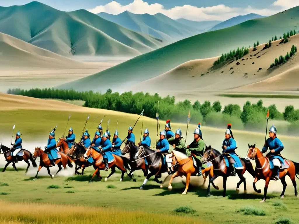 Estrategias de guerra mongola: arquería a caballo y movimientos coordinados Soldados mongoles montados en caballos, utilizando arquería a caballo y tácticas de adaptabilidad en el terreno