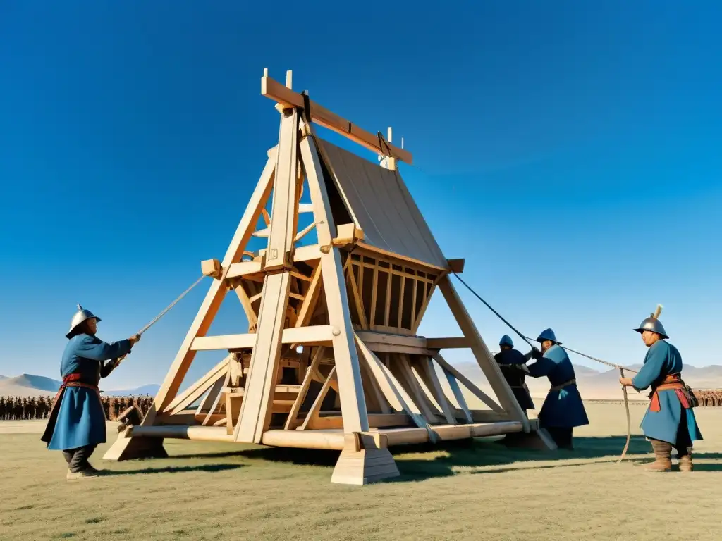 Soldados mongoles construyendo un trebuchet en paisaje mongol con cielo azul