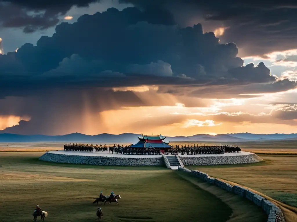 Soldados en silueta en un campo de batalla histórico con restos de armaduras mongolas y europeas, bajo un dramático atardecer