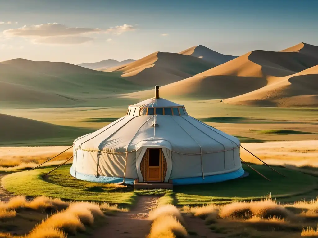 Yurta solitaria en la vasta estepa de Mongolia, con un ambiente de paz y conexión espiritual con la naturaleza